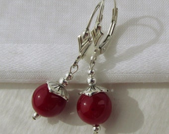 cute red sea shell pearl earrings, coral red shell core beads, 925 Sterling Silver, lever back earrings, dainty capped red pearls earrings