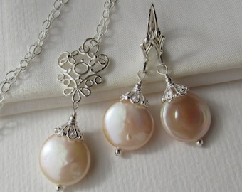 peach pink biwa coin pearl earrings pendant necklace set, 925 Sterling Silver, cultured baroque Freshwater pearls, bridal capped pearl set