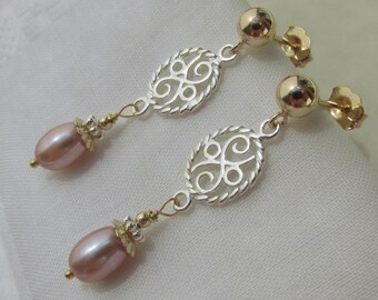 lavender-mauve pearl earrings, 14K 585 gold filled 925 Sterling Silver, bi-color pearl ear studs, Freshwater pearls bridal earrings