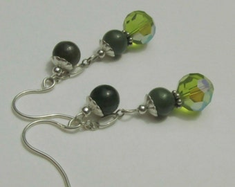 green Jade chartreuse crystal earrings, Canadian Nephrite jade, 925 Sterling Silver, spinach green jade jewelry, dainty dangling earrings