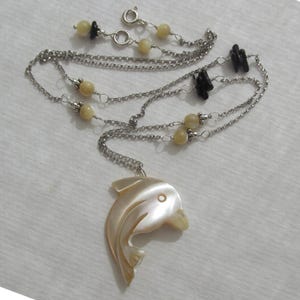 black coral carved dolphin Mother of Pearl shell necklace, Sterling Silver 925, natural seashell MOP pendant, nautical animal lover gift