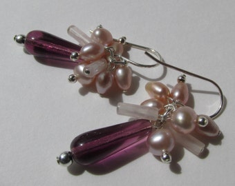 Bohemian glass rose quartz pearl cluster earrings, 925 Sterling Silver, Czech glass beads amethyst color drops, pink rosé Freshwater pearls