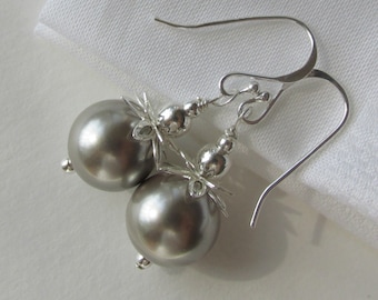 silvery-gray pearl earrings pendant set, 925 Sterling Silver, sea shell pearls, shell core beads, floral capped pearl earrings, bridal set