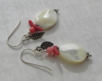 Mother of Pearl Coral beach earrings, 925 Sterling Silver, red white pink shell earrings, floral leaf charms, multi color coral branches