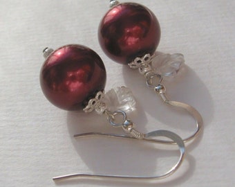 bold large Rock Crystal wine red pearl statement earrings, 925 Sterling Silver, capped sea shell pearls, shell core beads, carved leaf