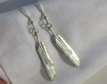 long solid silver feather earrings, 925 Sterling Silver, boho bohemian, native American Indian inspired jewelry, feather charms