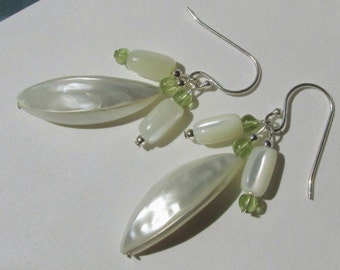 Trochus Shell Mother of Pearl Peridot earrings, 925 Sterling Silver, chartreuse green iridescent white MOP, tropical beach wedding jewelry