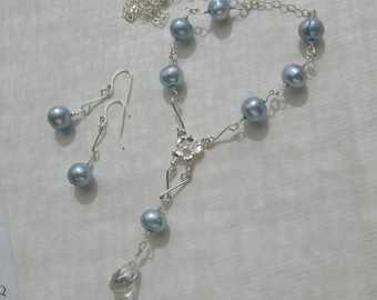 Collier boucles d'oreilles en perles de cristal de roche et quartz, bleu clair transparent, argent sterling 925, perles d'eau douce, ensemble de perles de mariée florales