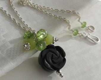 Black Onyx Peridot Jasper necklace, 925 Sterling Silver, faceted gemstones cluster pendant, carved rose flower blossom, chartreuse green