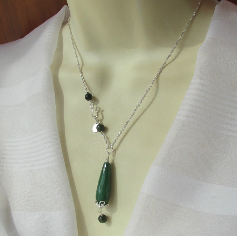Collier de jade canadien vert émeraude, argent sterling 925, pendule en forme de larme, chaîne de corde avec pendentif en Y, long pendentif goutte de jade en pierres précieuses à facettes image 9