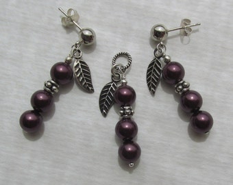 Eggplant aubergine color pearl earrings, ear studs pendant set, sea shell beads, vintage antique style, 925 Sterling Silver, leaf charms