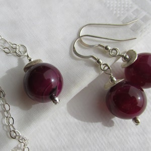 Collier pendentif boucles d'oreilles en agate couleur prune cerise, argent sterling 925, ensemble de pierres précieuses, violet violet, bijoux audacieux en agate organique image 8