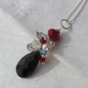 Chalcedony Carnelian Labradorite Moonstone Pearl necklace, cluster pendant ball chain, 925 Sterling Silver, multi color gemstone czech glass
