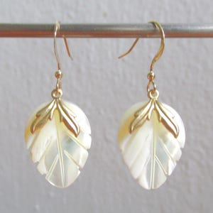 carved Mother-of-Pearl leaf charm earrings, 585 14 K gold filled GF, natural white shell, this shop supports rescue animals