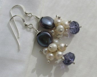 long Biwa pearl crystal cluster earrings, 925 Sterling Silver, white Freshwater lilac lavender coin pearls, large bold statement earrings