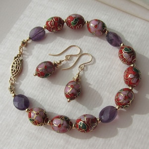 Amethyst Cloisonne enamel bracelet earrings set, 14 K gold filled, 585 GF, natural faceted gemstones, hand-painted floral beads, purple red