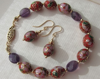 Amethyst Cloisonne enamel bracelet earrings set, 14 K gold filled, 585 GF, natural faceted gemstones, hand-painted floral beads, purple red