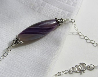 unique striped Agate necklace, 925 Sterling Silver, banded onyx-agate necklace, natural purple gemstone, layering necklace bead capped stone
