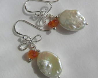 baroque biwa pearl carnelian earrings, 925 Sterling Silver, oval Freshwater coin pearls, white biwa pearl bridal earrings, bow ribbon charms