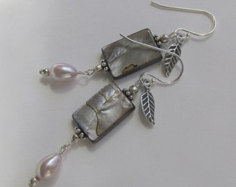 long Mother-of-Pearl Freshwater pearls earrings, dark 925 Sterling Silver, gray dusty rose mauve, natural shell floral leaf charm earrings