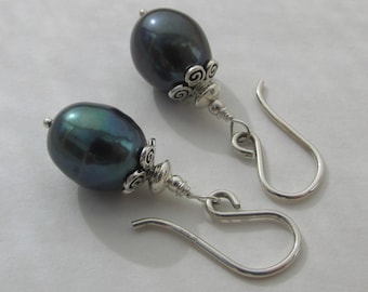 dark cultured pearl drop earrings, vintage-antique style 925 Sterling Silver, lustrous anthracite blue "Tahitian" color, June birthstone