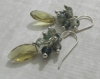 golden Topaz moss Agate earrings, 925 Sterling Silver, natural gemstone cluster earrings, green gems organic jewelry, November birthstone