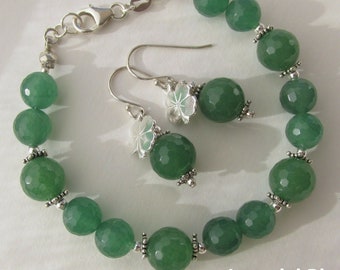 green Jade lucky clover earrings bracelet set, 925 Sterling Silver, faceted emerald green gemstones, good luck charms, silver jade jewelry