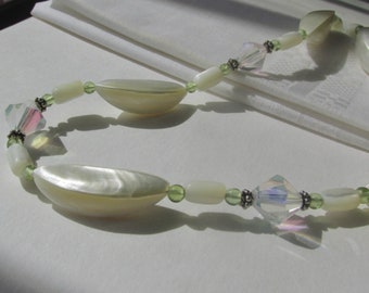 Trochus Shell Mother of Pearl Peridot Crystal choker necklace, 925 Sterling Silver, chartreuse green iridescent white, Aurora Borealis