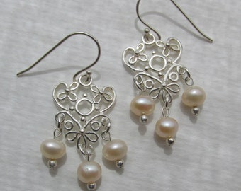bridal Pearl earrings, soft pink-peach Freshwater Pearls, silver heart ornament earrings, 925 Sterling Silver, bridesmaid wedding gift