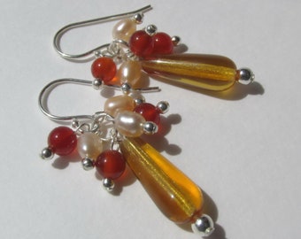 Bohemian glass Carnelian Freshwater Pearls cluster earrings, 925 Sterling Silver, rusty red peach honey-topaz-golden drop czech glass