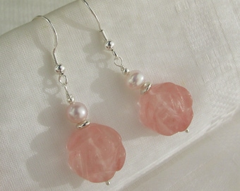 Bohemian Czech glass roses soft pink Freshwater pearl earrings, 925 Sterling Silver, carved flower blossom, floral rose, bridal earrings