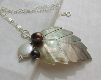 Mother of Pearl carved leaf multi color pearl pendant necklace, 925 Sterling Silver, oyster shell biwa leaf pendant, white gray coffee pearl