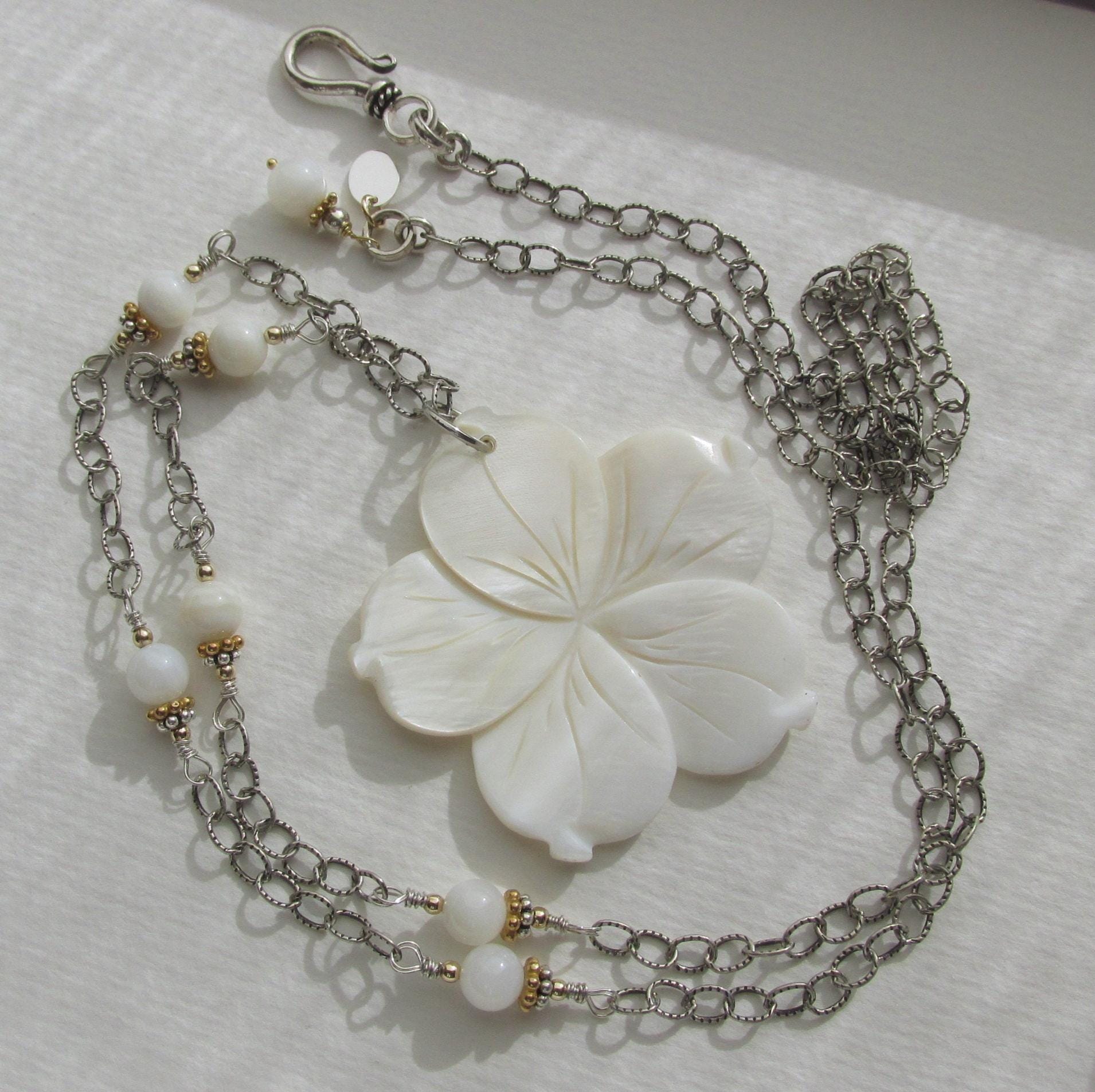 long Frangipani Plumeria Mother of Pearl pendant necklace