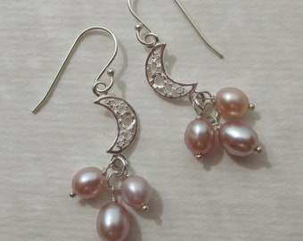 dusty rose pearl earrings, crescent moon charm earrings, 925 Sterling Silver, mauve soft pink birthstone June, bridal cultured pearl earring