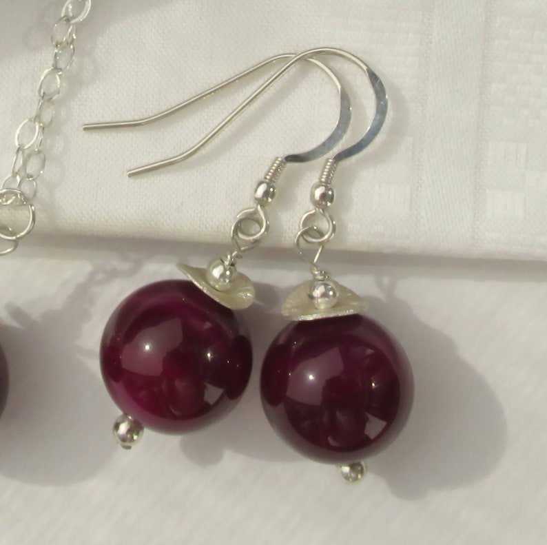 Collier pendentif boucles d'oreilles en agate couleur prune cerise, argent sterling 925, ensemble de pierres précieuses, violet violet, bijoux audacieux en agate organique image 10