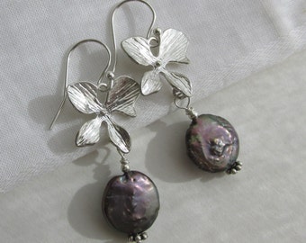 boucles d'oreilles en perles bleu paon, breloques fleurs d'orchidées, argent sterling 925, perles pièces de monnaie baroques d'eau douce, boucles d'oreilles en perles de mariée florales argentées,