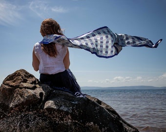 100% サテンシルク スカーフ | ブライドル ホルター | ブルー パターン | スカーフ | ヘアバンド | スカーフ