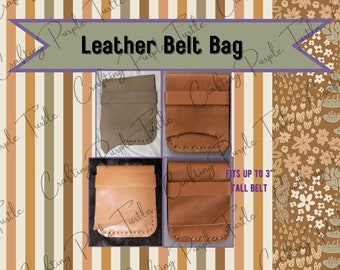 May include: Four images of a brown leather belt bag. The bag is designed to fit a belt up to 3 inches wide. The bag has a flap that closes with a snap. The bag is made of brown leather and has a stitched edge.