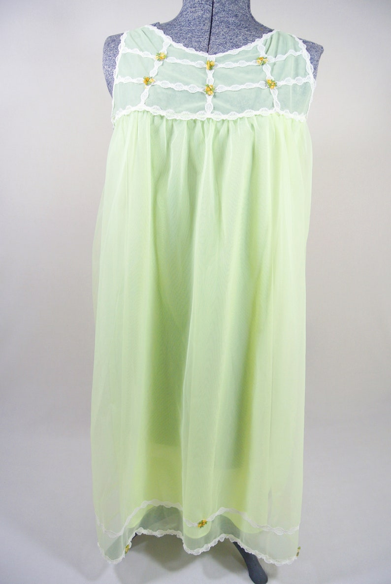 Vintage Dorsay Neon Yellow Green Peignoir Chiffon Night Gown Nylon Montexo Baby Doll Sheer Small