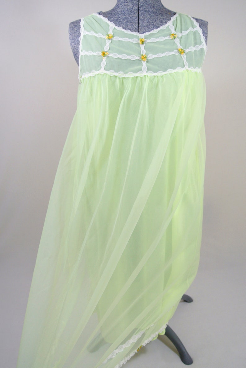 Vintage Dorsay Neon Yellow Green Peignoir Chiffon Night Gown Nylon Montexo Baby Doll Sheer Small