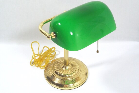 Vintage Green Glass Bankers Desk Lamp Brass Base Library Etsy