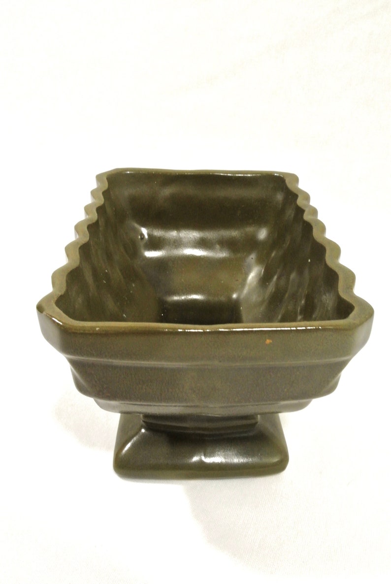 Vintage Cookson Pottery Olive Green Succulent Planter Pedestal Art Deco Zig Zag