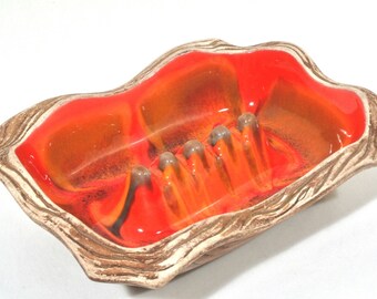 Ceramic Sequoia Ware Ashtray Flame Red Orange Atomic Lava Wood Grain California Pottery 1205 USA Vintage