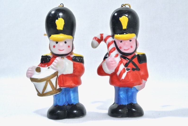 Vintage Christmas Ceramic Toy Soldier Ornament Pair Kitsch Cute 1950s Taiwan