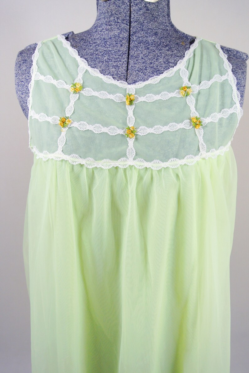 Vintage Dorsay Neon Yellow Green Peignoir Chiffon Night Gown Nylon Montexo Baby Doll Sheer Small