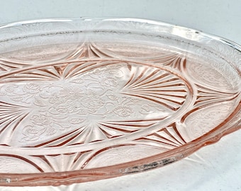 Pink Depression Glass Platter Cherry Blossom Oval Serving Plate Floral Vintage Wedding