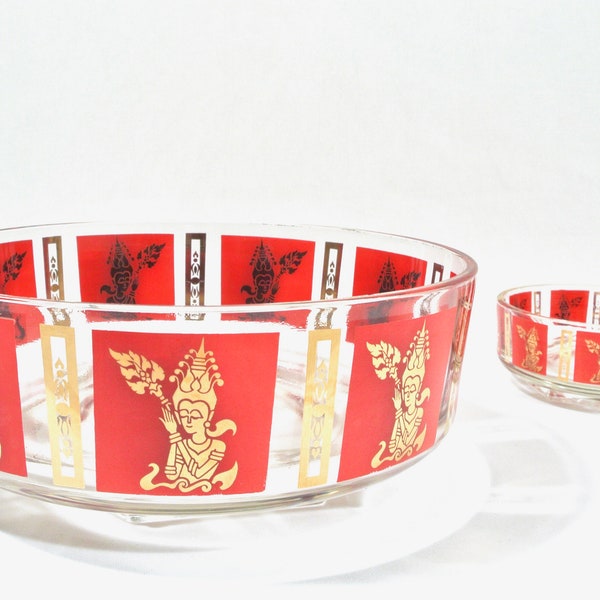 Vtg MCM Culver Red Gold Glass Bowl Chip Dip Set Hindu Goddess Thai Siam