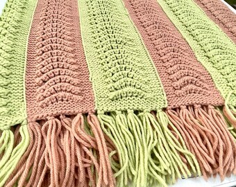 Vintage Handmade Afghan Blanket Lime Green Beige Throw Striped Fringed Crochet Knitted Cottagecore