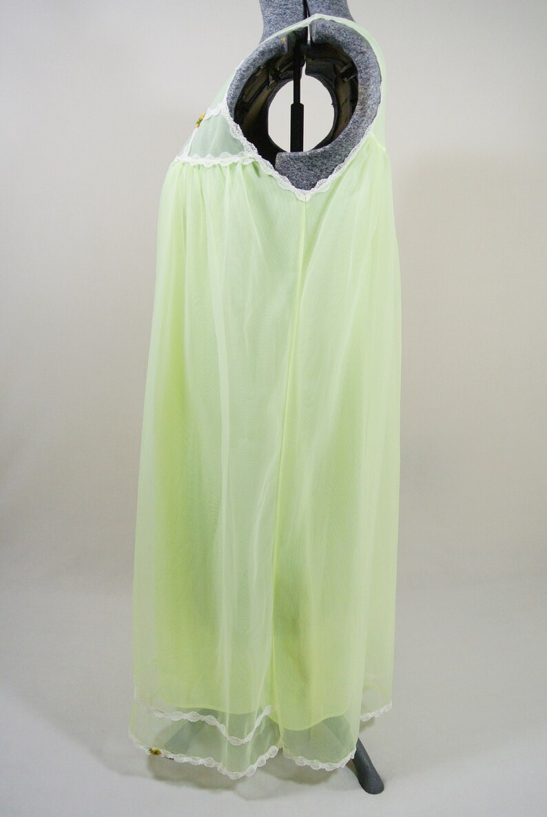 Vintage Dorsay Neon Yellow Green Peignoir Chiffon Night Gown Nylon Montexo Baby Doll Sheer Small