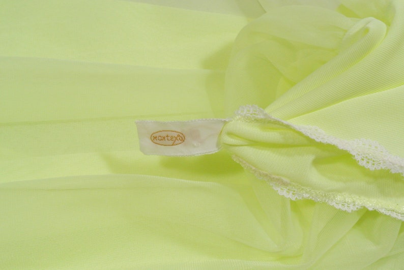 Vintage Dorsay Neon Yellow Green Peignoir Chiffon Night Gown Nylon Montexo Baby Doll Sheer Small